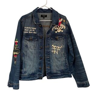 ED HARDY - Flame Skull Blue Denim Jacket with Embroidery
